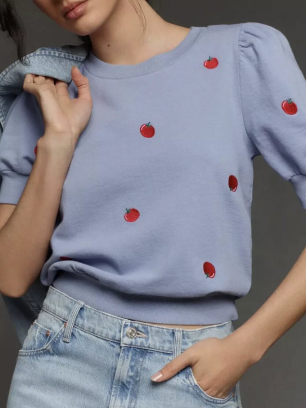 Anthropologie T.La Embroidered Tomatoes Puff Short Sleeve Sweatshirt Top